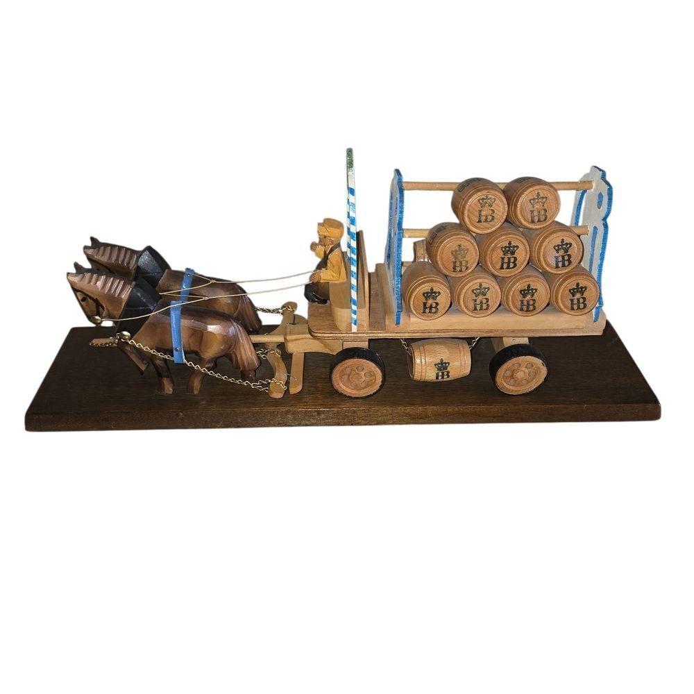 VINTAGE GERMAN HOFBRAUHAUS HB BEER HAND CARVED WOODEN BEER WAGON 17" LONG